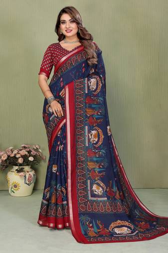 teal color mul cotton designer kalamkari printed ethnic partywear saree