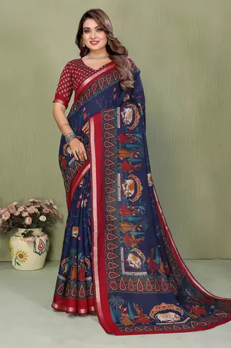 teal color mul cotton designer kalamkari printed ethnic partywear saree