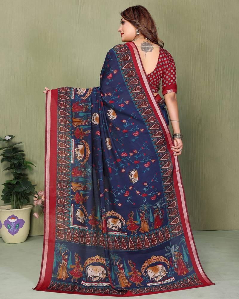 teal color mul cotton designer kalamkari printed ethnic partywear saree