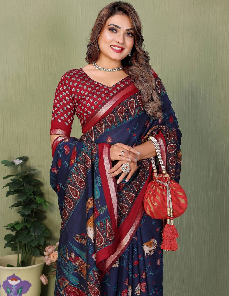 teal color mul cotton designer kalamkari printed ethnic partywear saree