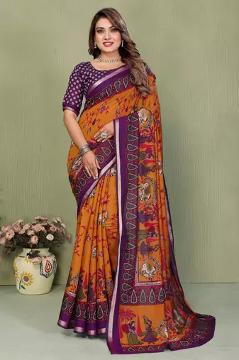 mustard color mul cotton designer kalamkari printed ethnic partywear saree