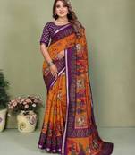 mustard color mul cotton kalamkari printed ethnic partywear saree