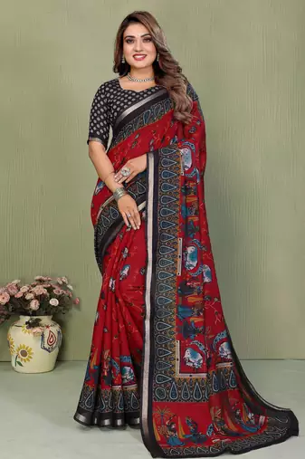 maroon color mul cotton designer kalamkari printed ethnic partywear saree