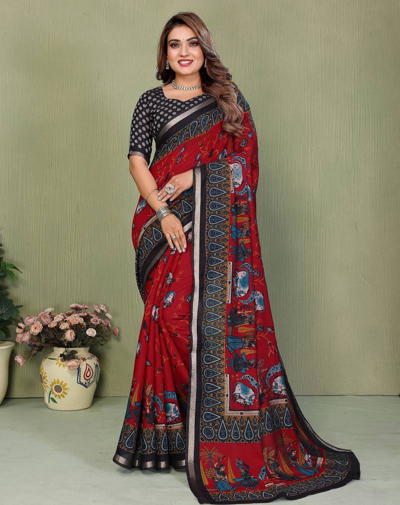 maroon color mul cotton designer kalamkari printed ethnic partywear saree