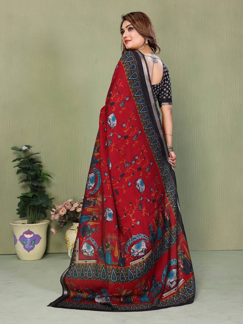 maroon color mul cotton designer kalamkari printed ethnic partywear saree