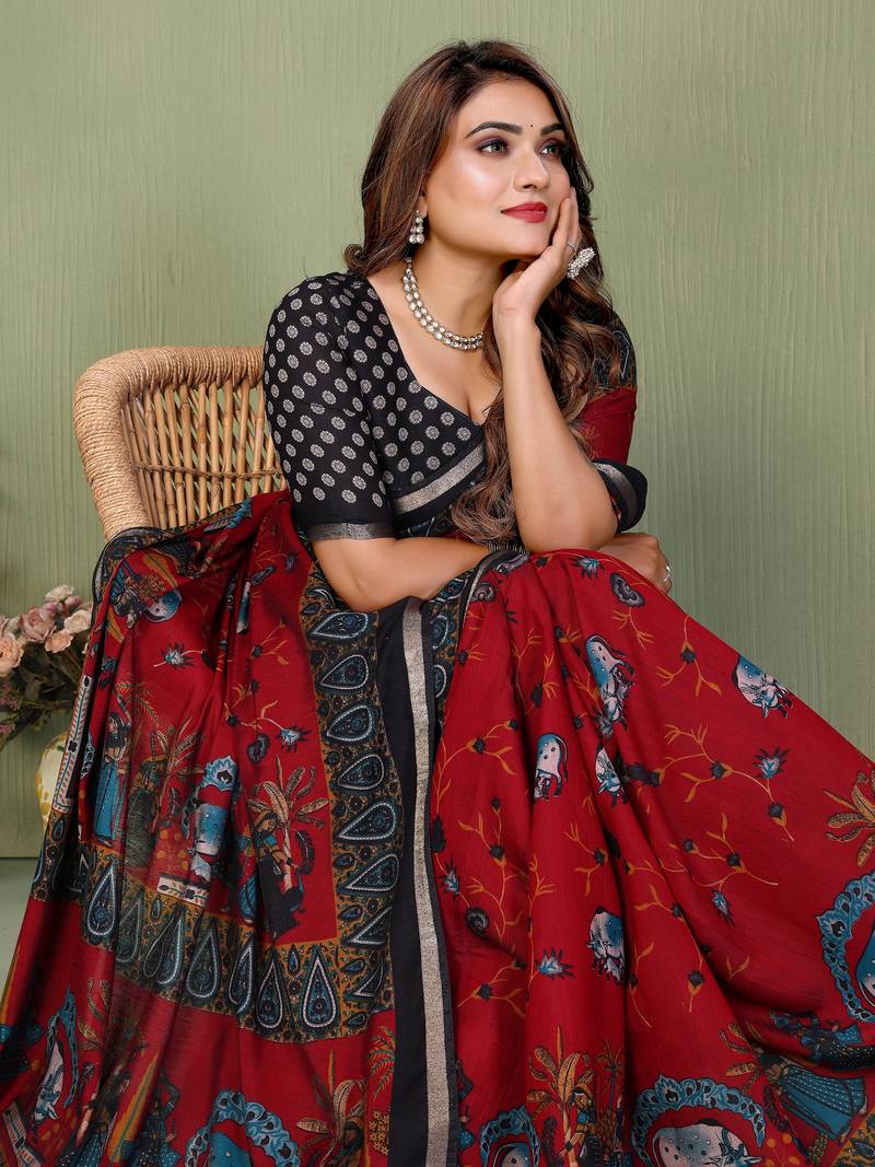 maroon color mul cotton designer kalamkari printed ethnic partywear saree
