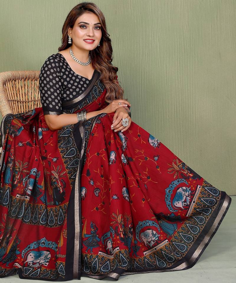 maroon color mul cotton designer kalamkari printed ethnic partywear saree