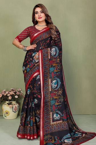 black color mul cotton designer kalamkari printed ethnic partywear saree