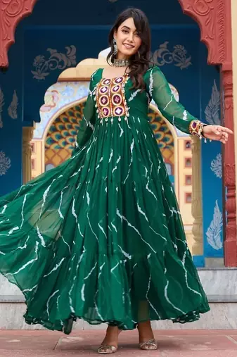 Green Faux Georgette Kutchi Patchwork Gown for Women | Semi Stitched Traditional & Festive Wear Gown