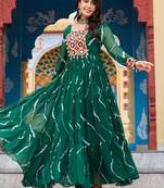 Green Faux Georgette Kutchi Patchwork Gown for Women | Semi Stitched Traditional & Festive Wear Gown