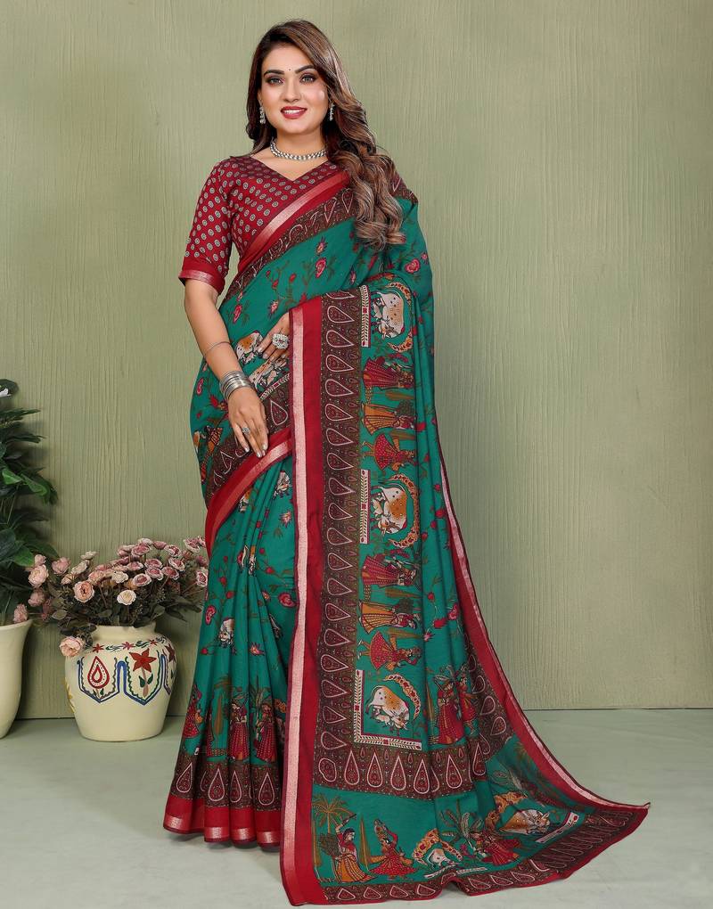 rama color mul cotton designer kalamkari printed ethnic partywear saree