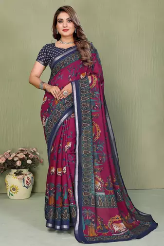 burgundy color mul cotton designer kalamkari printed ethnic partywear saree