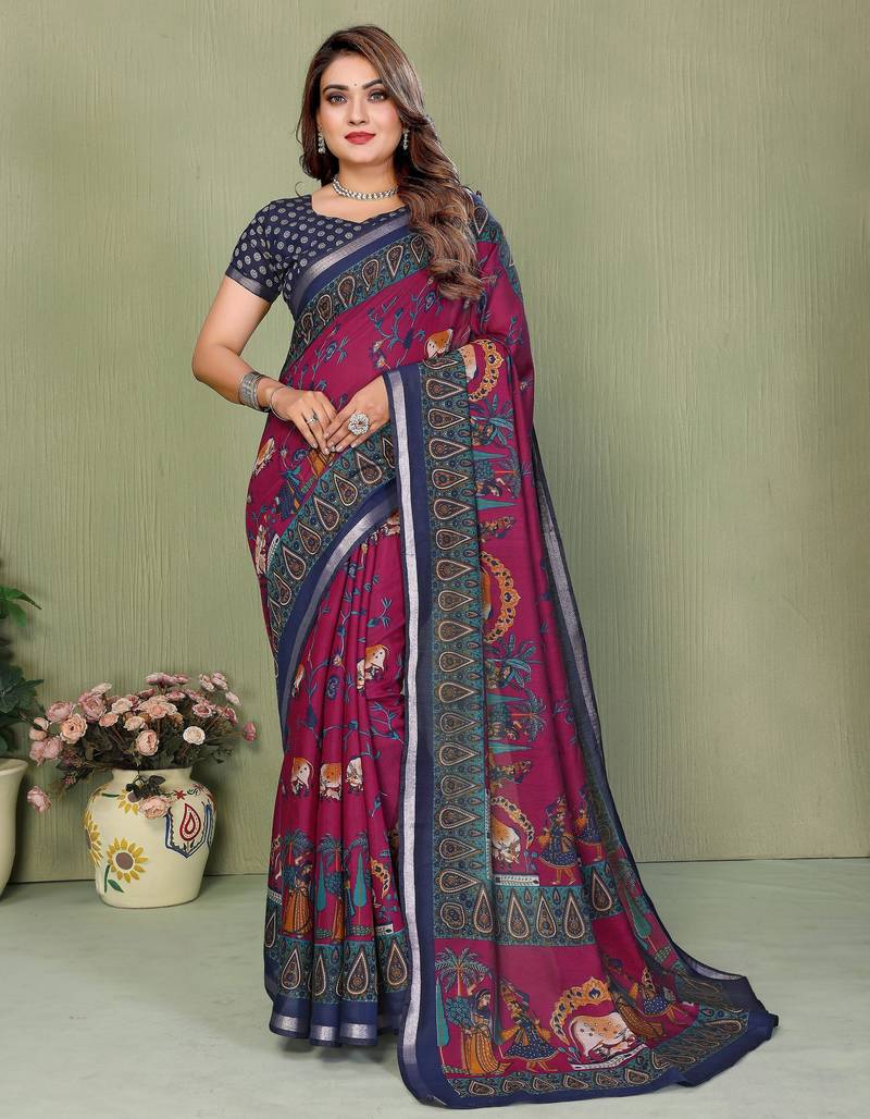 burgundy color mul cotton designer kalamkari printed ethnic partywear saree