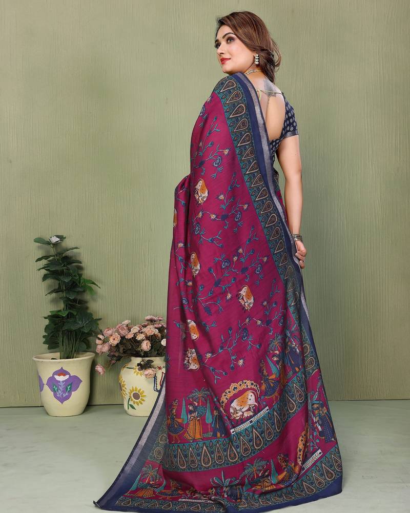 burgundy color mul cotton designer kalamkari printed ethnic partywear saree