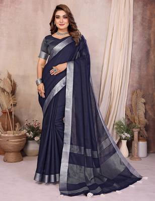 blue linen cotton woven silver zari ceremonial saree 1