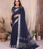 blue color linen cotton fabric woven silver jari ceremonial saree