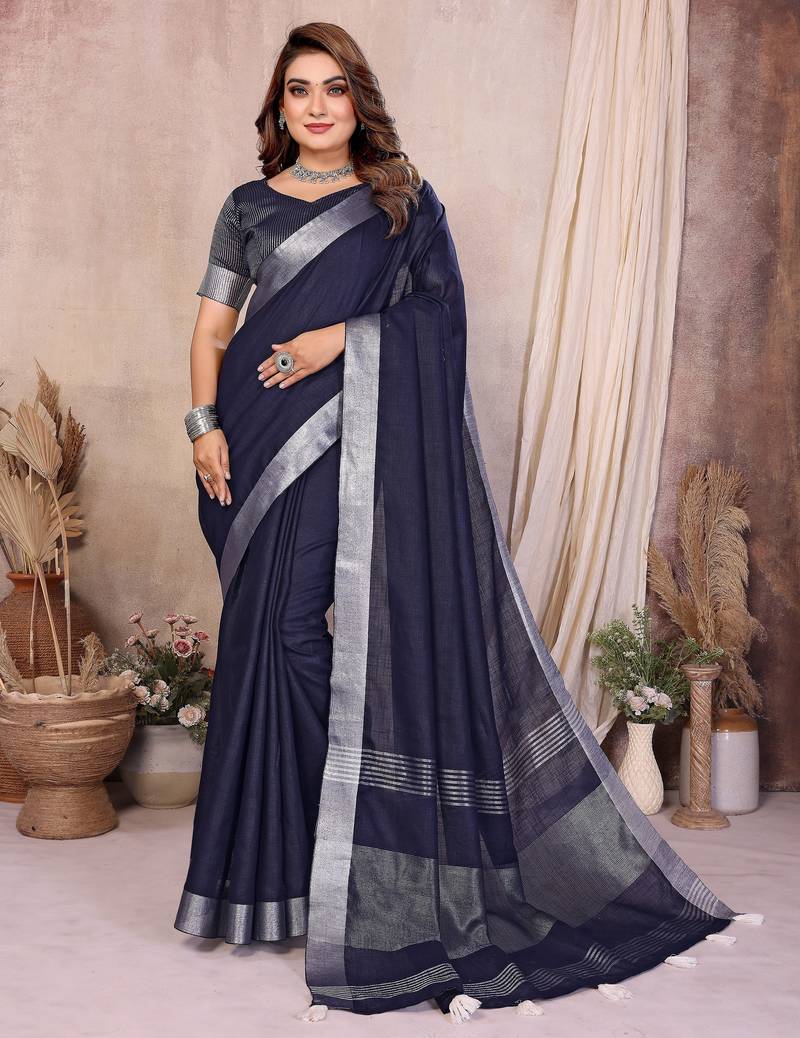 blue color linen cotton fabric woven silver jari designer ceremonial saree