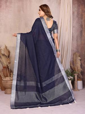 blue linen cotton woven silver zari ceremonial saree 3
