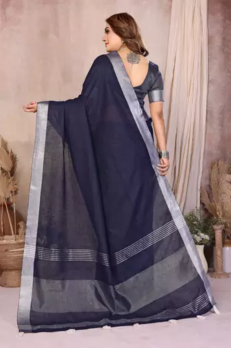 blue linen cotton woven silver zari ceremonial saree