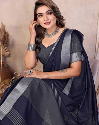 blue linen cotton woven silver zari ceremonial saree 4