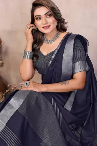 blue linen cotton woven silver zari ceremonial saree