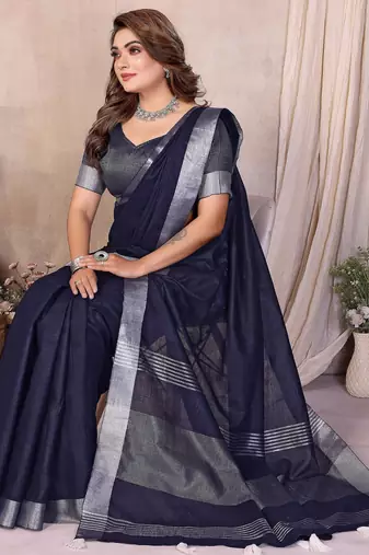 blue linen cotton woven silver zari ceremonial saree