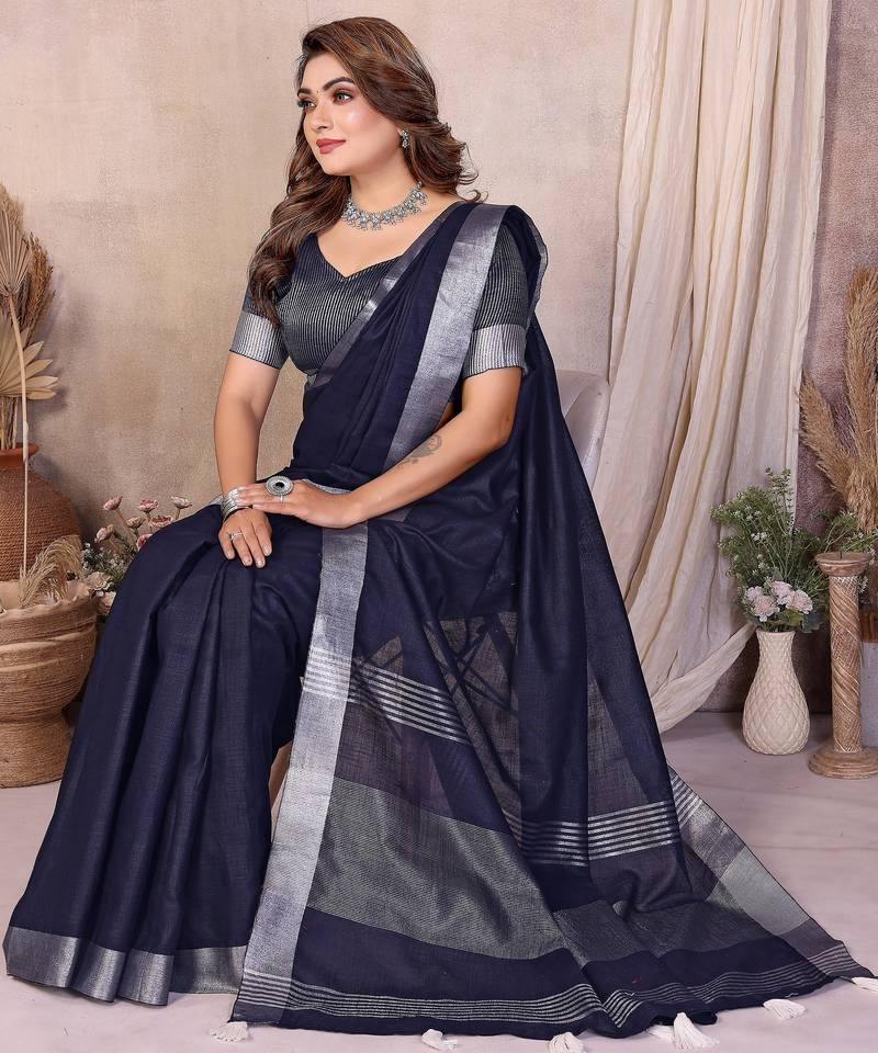 blue color linen cotton fabric woven silver jari designer ceremonial saree