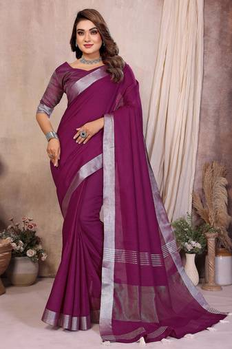 wine color linen cotton fabric woven silver jari designer ceremonial saree