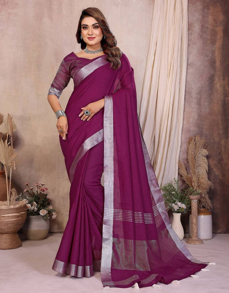 wine color linen cotton fabric woven silver jari designer ceremonial saree