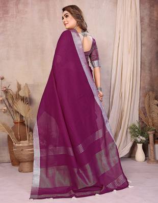 wine linen cotton woven silver zari ceremonial saree 3