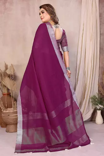wine linen cotton woven silver zari ceremonial saree