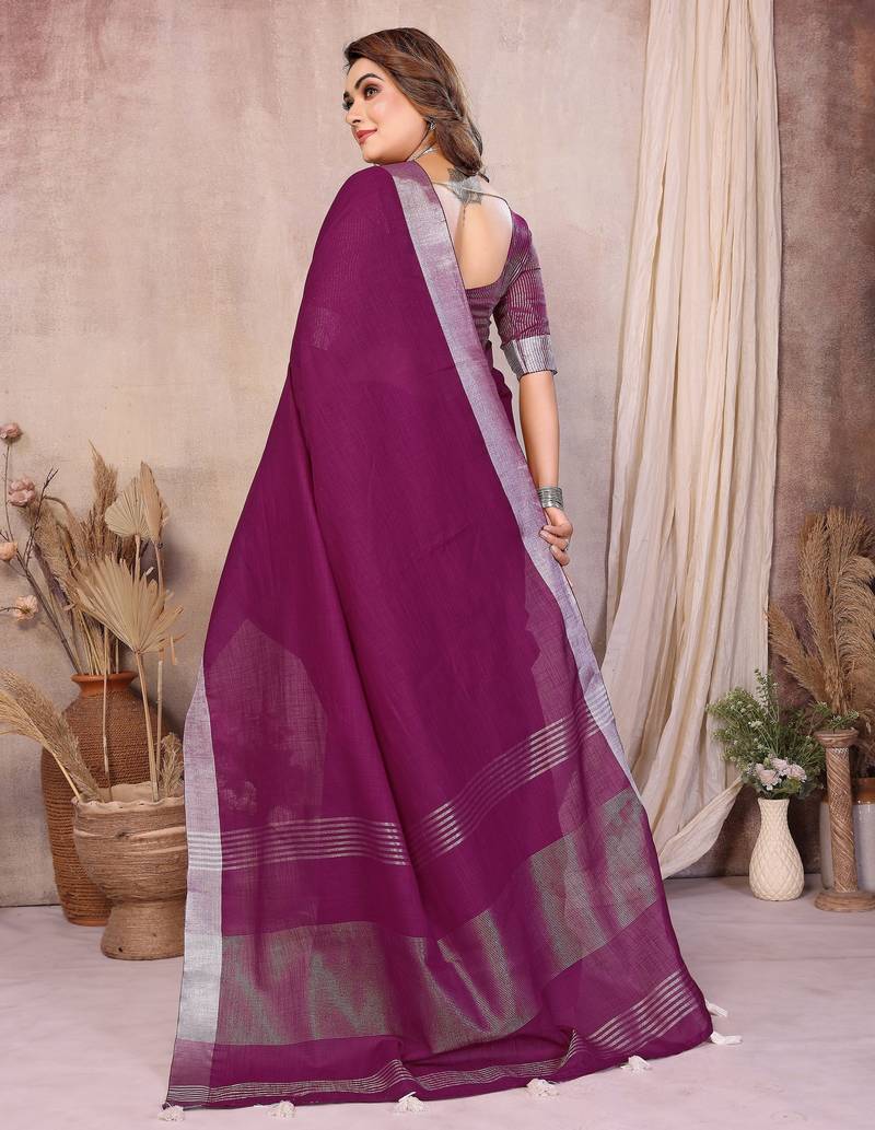 wine color linen cotton fabric woven silver jari designer ceremonial saree