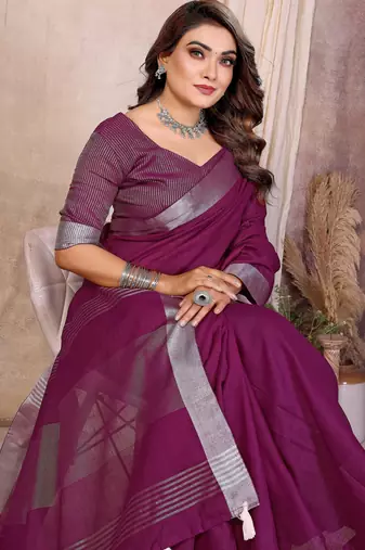 wine linen cotton woven silver zari ceremonial saree