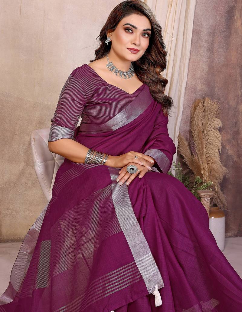 wine color linen cotton fabric woven silver jari designer ceremonial saree