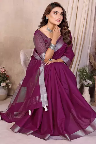 wine linen cotton woven silver zari ceremonial saree