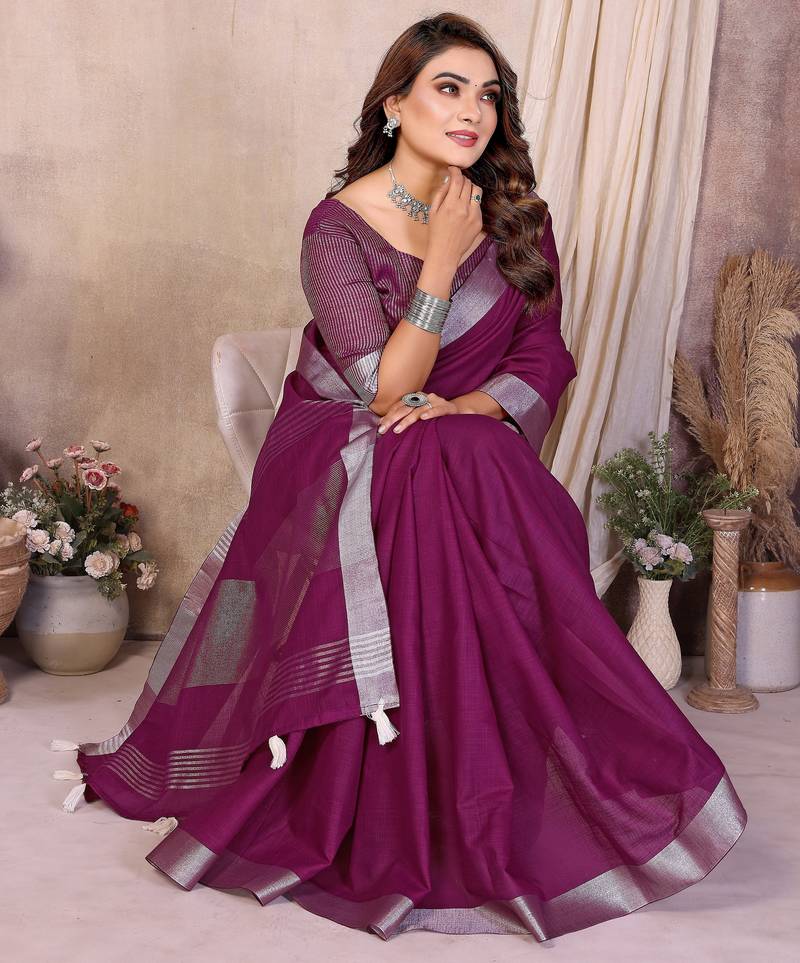 wine color linen cotton fabric woven silver jari designer ceremonial saree