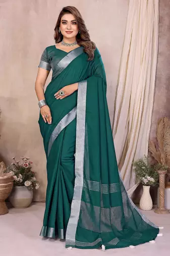 rama color linen cotton fabric woven silver jari designer ceremonial saree