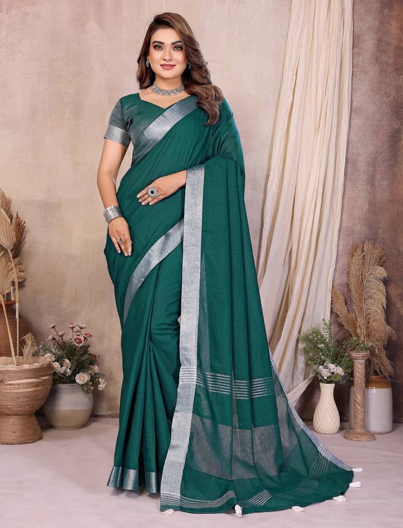 rama color linen cotton fabric woven silver jari designer ceremonial saree