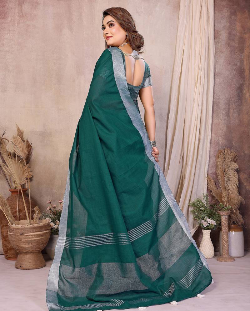 rama color linen cotton fabric woven silver jari designer ceremonial saree