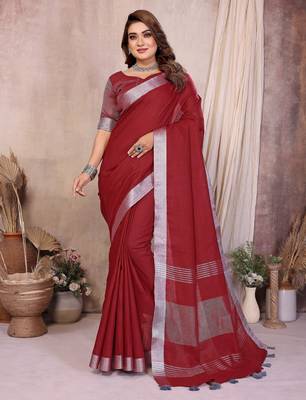 maroon linen cotton woven silver zari ceremonial saree 1