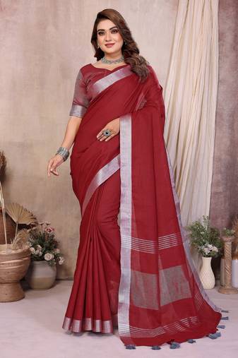 maroon color linen cotton fabric woven silver jari designer ceremonial saree