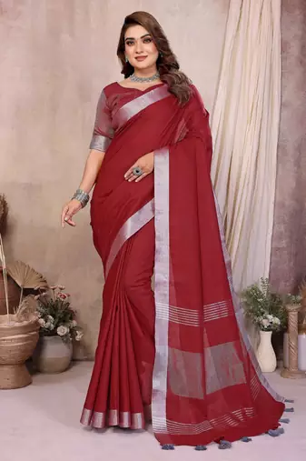 maroon color linen cotton fabric woven silver jari designer ceremonial saree