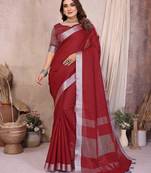 maroon color linen cotton fabric woven silver jari ceremonial saree
