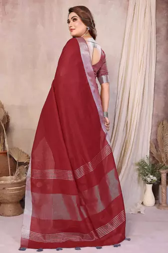 maroon linen cotton woven silver zari ceremonial saree