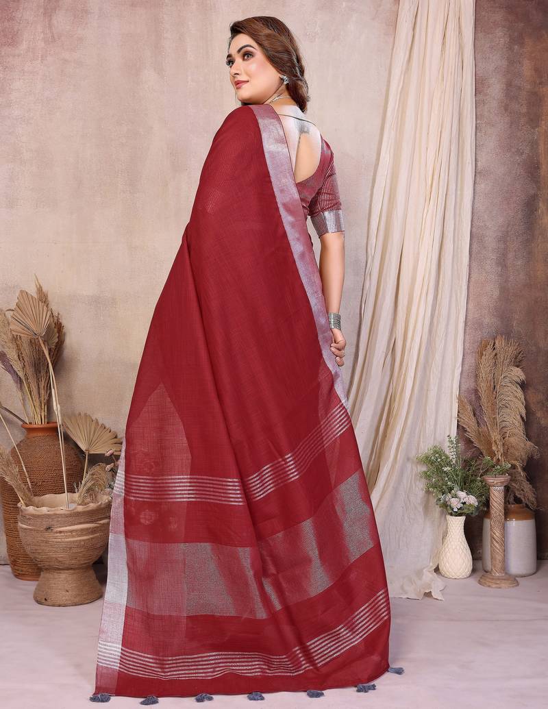maroon color linen cotton fabric woven silver jari designer ceremonial saree