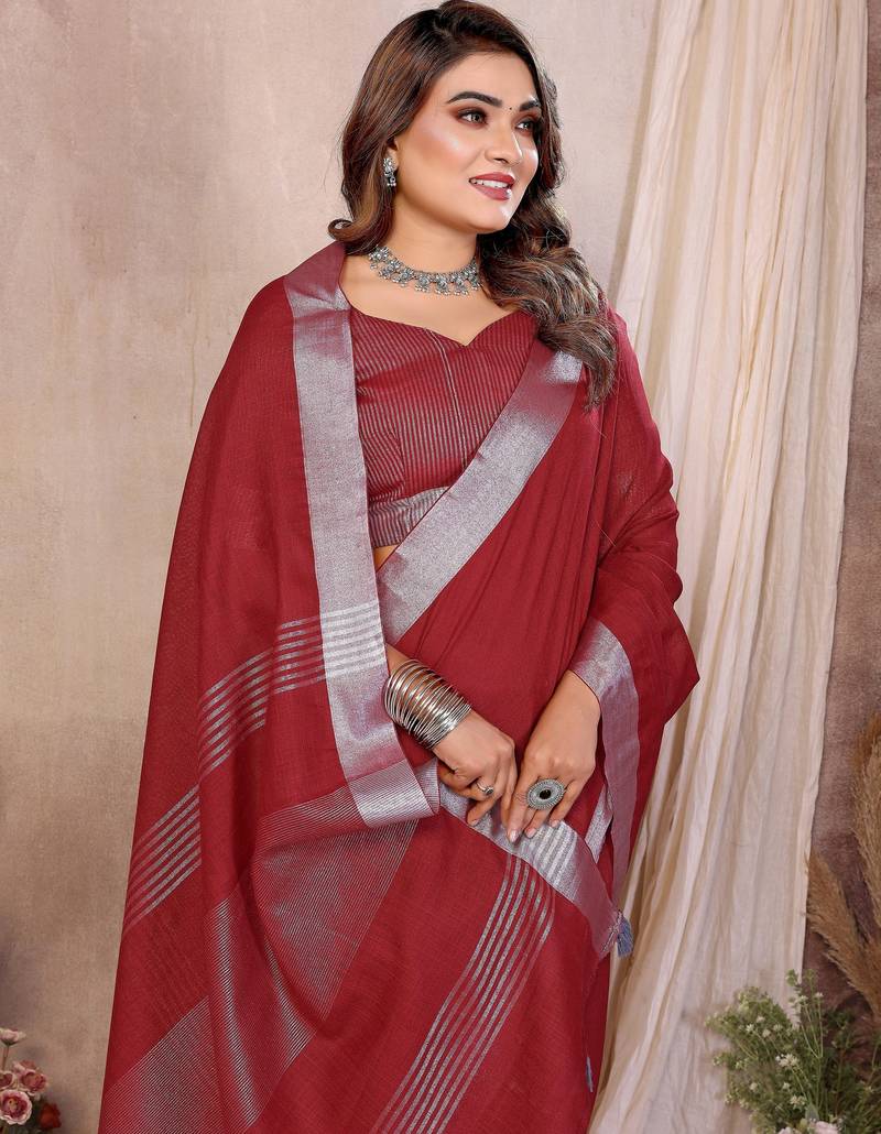 maroon color linen cotton fabric woven silver jari designer ceremonial saree