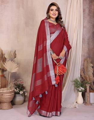 maroon linen cotton woven silver zari ceremonial saree 5