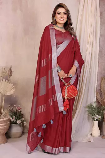 maroon linen cotton woven silver zari ceremonial saree