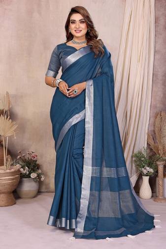 teal color linen cotton fabric woven silver jari designer ceremonial saree