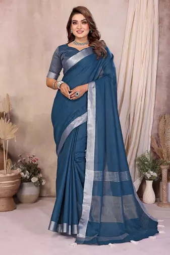 teal color linen cotton fabric woven silver jari designer ceremonial saree